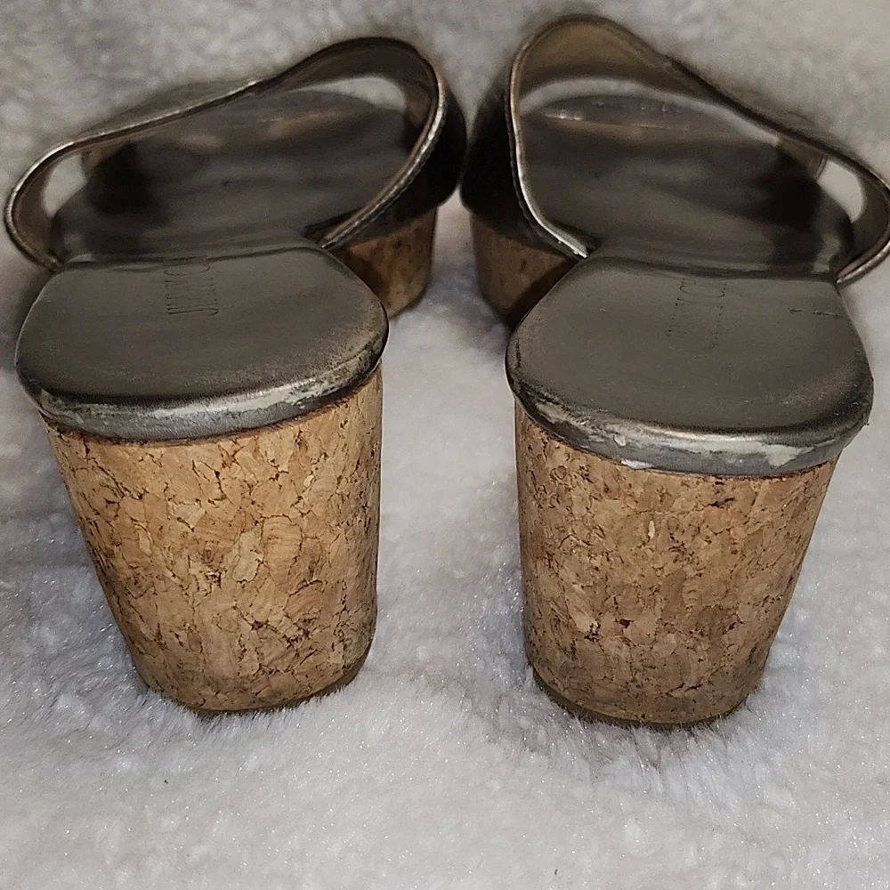 Jimmy Choo Silver Metallic Embossed Leather Panna Cork Slides Size 37.5